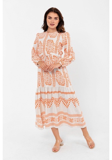İnce Yaprak Dalı Desenli Yazlık Baharlık Keten Elbise 2102 Turuncu