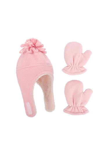 Pembe Polar Bere Ve Eldiven Set Pembe