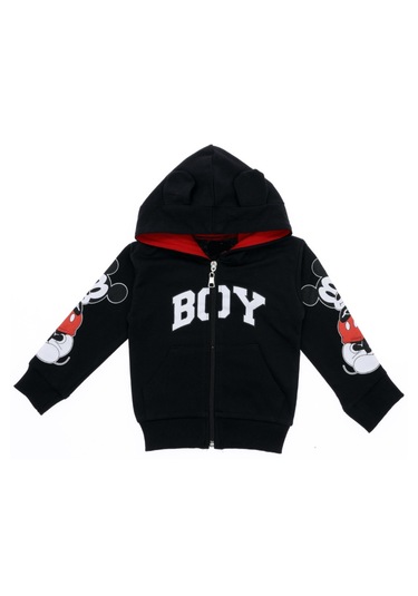 Erkek Çocuk Boy Yazı Kapüşonu Kulaklı Kolları Resimli Siyah Hırka
