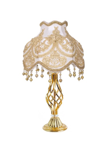 Dekovien Kadife Kaplı Fransız Güpürlü Gold Burgulu Abajur Altın