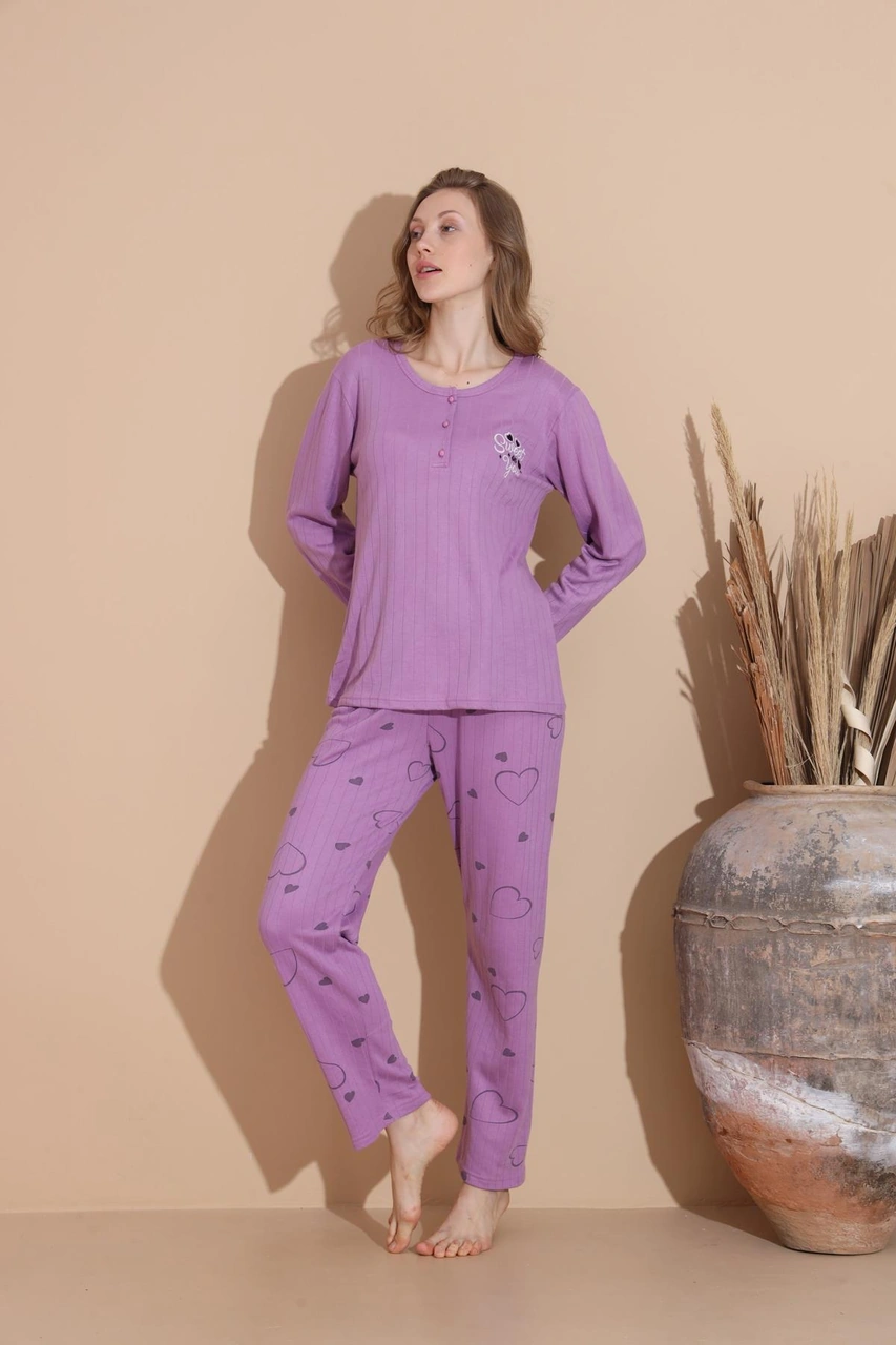 Lindros Kadın Pamuk'lu Düğme Yaka Raporlu İnterlok Kışlık Pijama Takımı 05034 - 1 Adet Mor