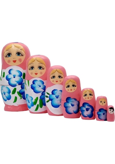 Mobgift Ahşap Tombul Iç Içe Matruşka Bebek 7li Set Pembe