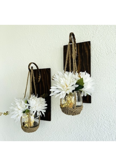 Duvar Dekoru, Led Işıklı, Beyaz Yılzdız Çiçekli, Ceviz Aplik İkili Set