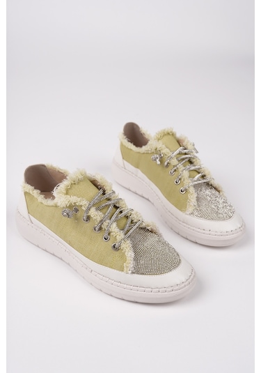 Muggo Damsel Bağcıklı Taşlı Kadın Günlük Denim Sneaker Spor Ayakkabı Yeşil