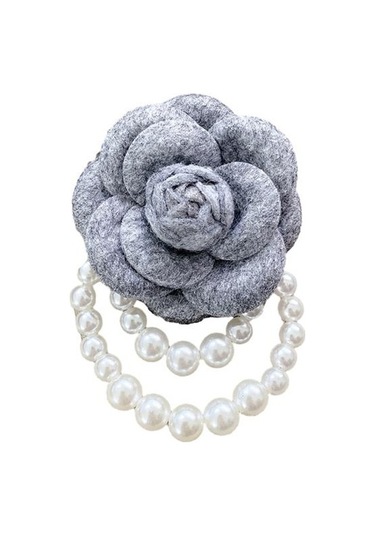 Gri Kumaş Gül Broş Zarif Vintage Çiçek Parlak Sahte İnci Zincir Şapka Şal Eşarp Çanta Elbise Yaka Kadın Kızlar Yaka Pin Moda Aksesuarları Gri