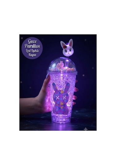 Çift Katmanlı İçecek Bardağı Led Işıklı Pipetli Kawaii Chibi Sevimli Tavşan Figürlü Suluk 450 Ml Mor