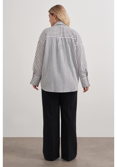 Parıltılı İplikli Çizgili Gömlek-3360 Beyaz