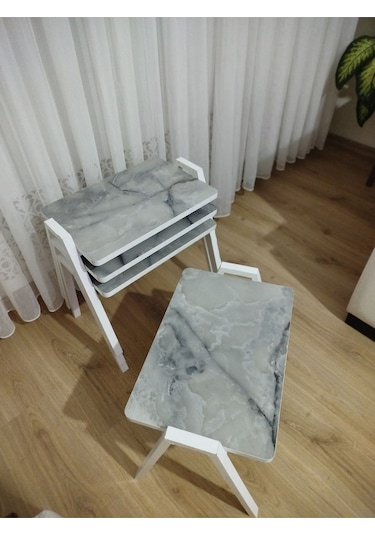 Zigon Sehpa 4'lü Mermer Desenli Tepsi Model Buz Mermer Desen Beyaz Ayak Buz Gri Mermer Desenli