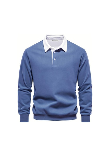 Ghassy Co. Erkek Retro Renk Bloklu Pamuklu Gömlek Yaka Sweatshirt Mavi