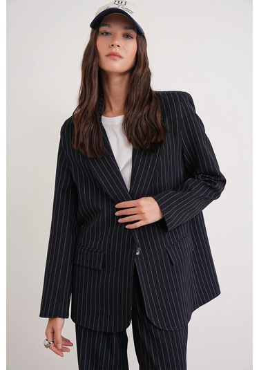 4753 Kadın Çizgili Oversize Blazer Ceket Lacivert Lacivert