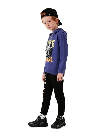 Lela Baskılı Kapüşonlu Cepli % 100 Pamuk Çocuk Unisex Çocuk Takım 5922017 Mor
