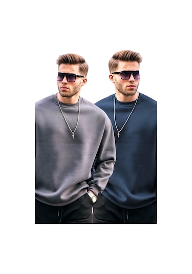 Madmext Füme/lacivert Bisiklet Yaka Oversize Şardonlu Basic Erkek 2'li Paket Sweatshirt E7447 Füme/lacivert