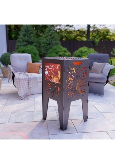 Kelebek Desenli Dekoratif Kare Mangal Portatif Ateş Çukuru Siyah