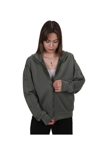 Kadın Modal Kumaş Dik Yaka Rahat Kalıp Haki Ceket Hırka Haki