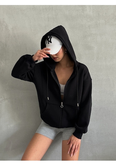 Kadın Fermuarlı Oversize Sweat Hırka Siyah