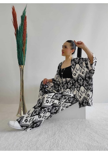 İpli Siyah Renk Desenli Ikili Kimono Takım Rahat Kalıp Siyah