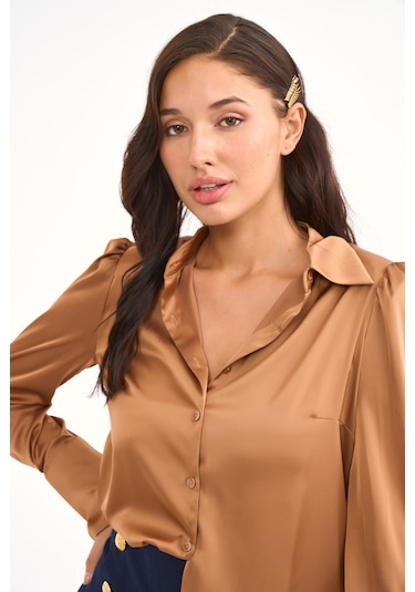 Sateen Vatkalı Saten Gömlek - Camel