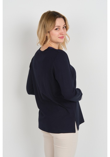 Detay Triko Kadın Boncuk Süslemeli Bisiklet Yaka Yanları Yırtmaçlı Anne Bluz 5723 Lacivert Lacivert