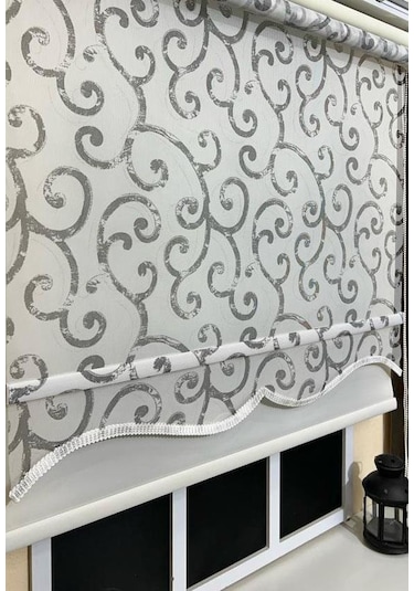 Çift Mekanizmalı Desenli Tül Stor Perde Gri Baskı Stb-108