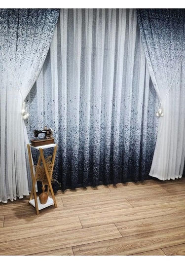 Tül Perde Yeni Tasarım Üst Renkli Kahverengi-vizon Serpinti Tül Ve Sağ/sol Takım Tül Fon Perde Lacivert