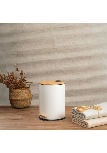 Bambu Kapaklı Pedallı Metal Çöp Kovası - 5 Lt. - Beyaz Beyaz