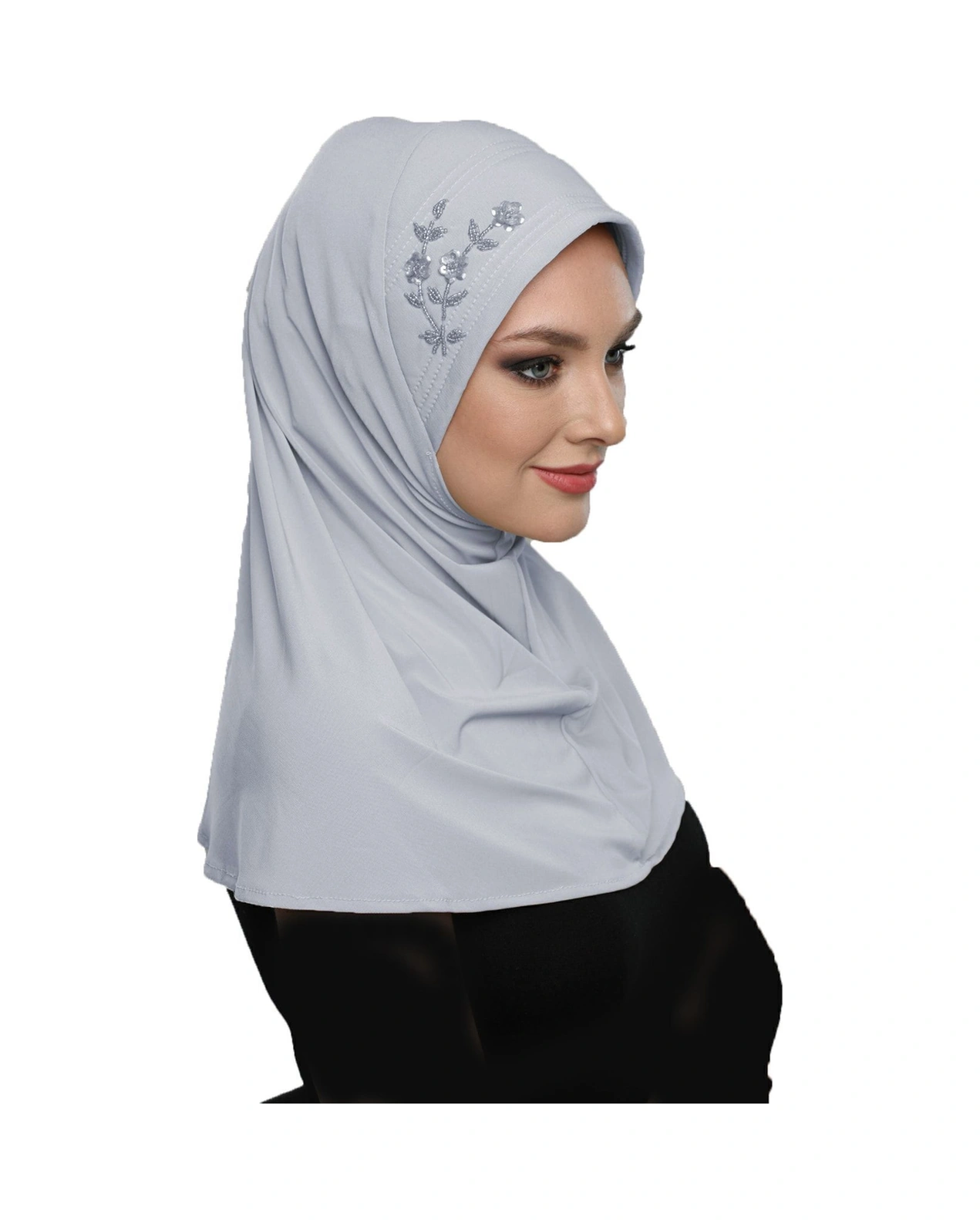 Takmatik Taşlı El Işi Boncuk Işlemeli Açık Gri Hazır Türban Tesettür Bone Namaz Örtüsü Açık Gri