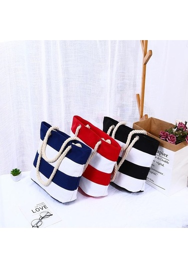 Novahub Kalın Keten Halat Saplı Çizgili Tuval Plaj Çantası - Büyük Kapasite Kırmızı Beyaz - Seyahat Alışveriş İçin Kadınlar İçin Kırmızı - Beyaz