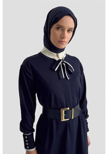 Armine Fularlı Triko Elbise 25ktd955 Lacivert Lacivert