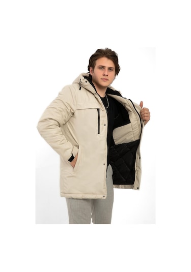 Erkek Polarlı Kürklü Su Ve Rüzgar Geçirmez Kapüşonlu Kışlık Mont & Kaban & Parka Taş