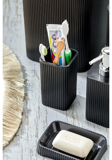 Line 5 Parça Kare Banyo Seti - Çöp Kovası Wc Fırçası Sıvı-katı Sabunluk Diş Fırçası Siyah