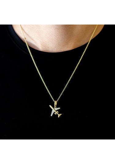 14 Ayar Altın Uçak Figürlü Erkek Kolye 55 Cm