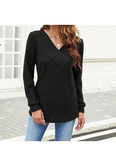 Tongxida Sonbahar-kış Kadın Uzun Kollu V Yaka Çukur Kazak Siyah, Büyük Beden, El/makine Yıkama Siyah