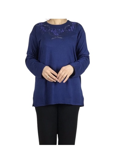 Kadın Yakası Taşlı Likralı Büyük Beden Bluz Arpbattal1 Mavi