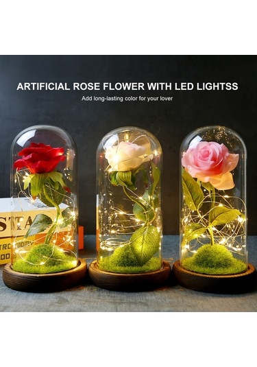 Ulzyvf Led Işıklı Ahşap Tablalı Dekoratif Cam Kubbeli Suni Gül - Romantik Hediye