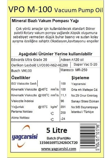 Vpo M-100 Vakum Pompası Yağı Leybold LVO100-N62-HE200- Busch V 5 L