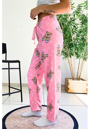 Dreamy Soft Kadife Dokulu Ayıcık Desenli Süet Pijama Altı Pantolon Pembe