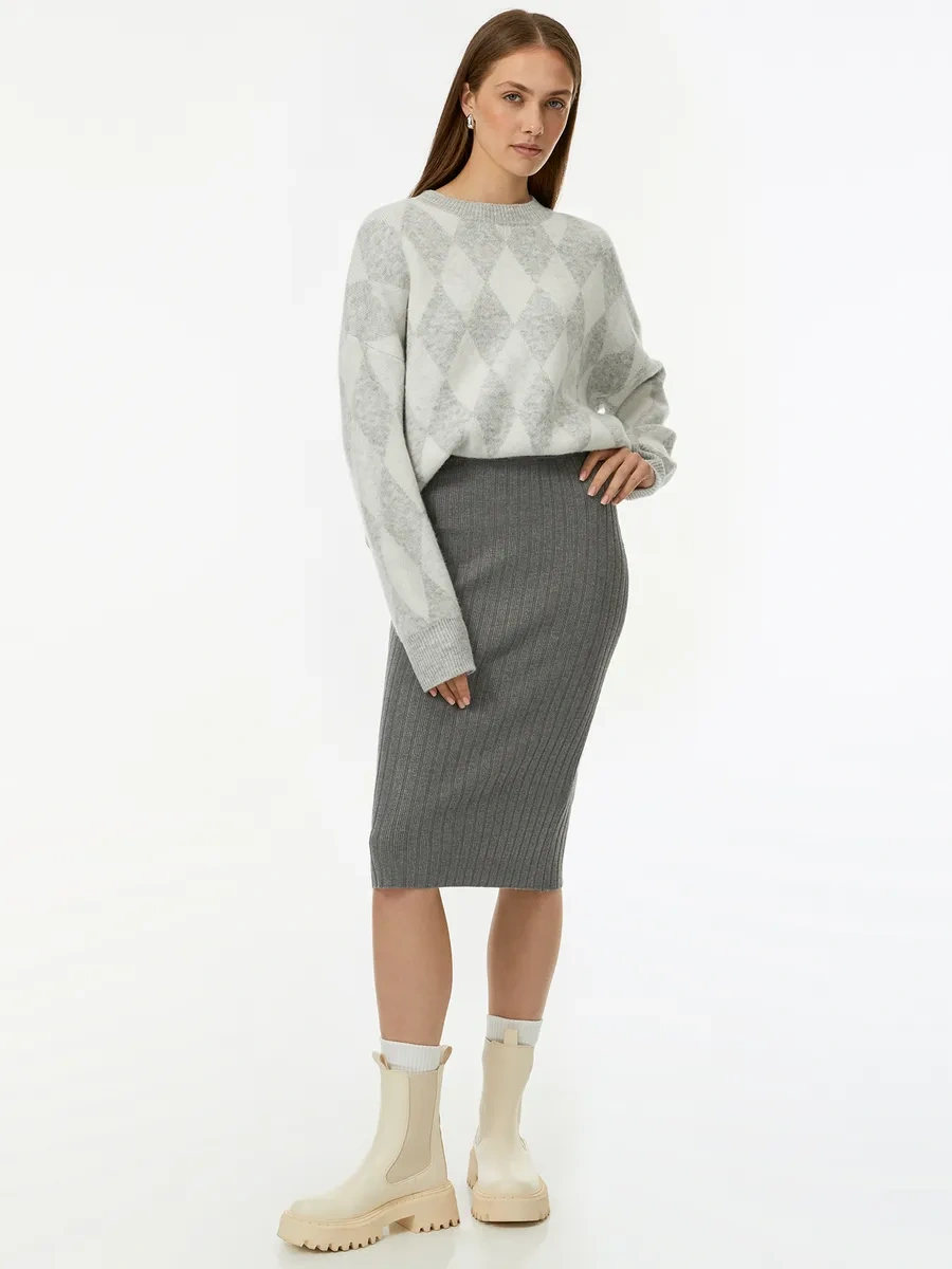 Oodji Kaburga Desenli Örme Midi Etek 261414456 Gri