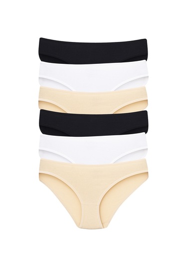 Kadın Pamuklu Likralı Renkli Düz Külot 6'lı Paket Rahat Ve Yumuşak İç Giyim Beyaz - Siyah - Ten