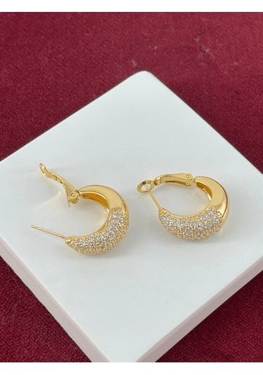 Yarısı Taşlı Yarısı Parlak Gold Halka Küpe Gold