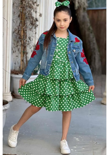 Riccotarz Kız Çocuk Çiçek Baskılı Kot Ceket Puantiyeli Kat Kat Piliseli Yeşil Elbise 001