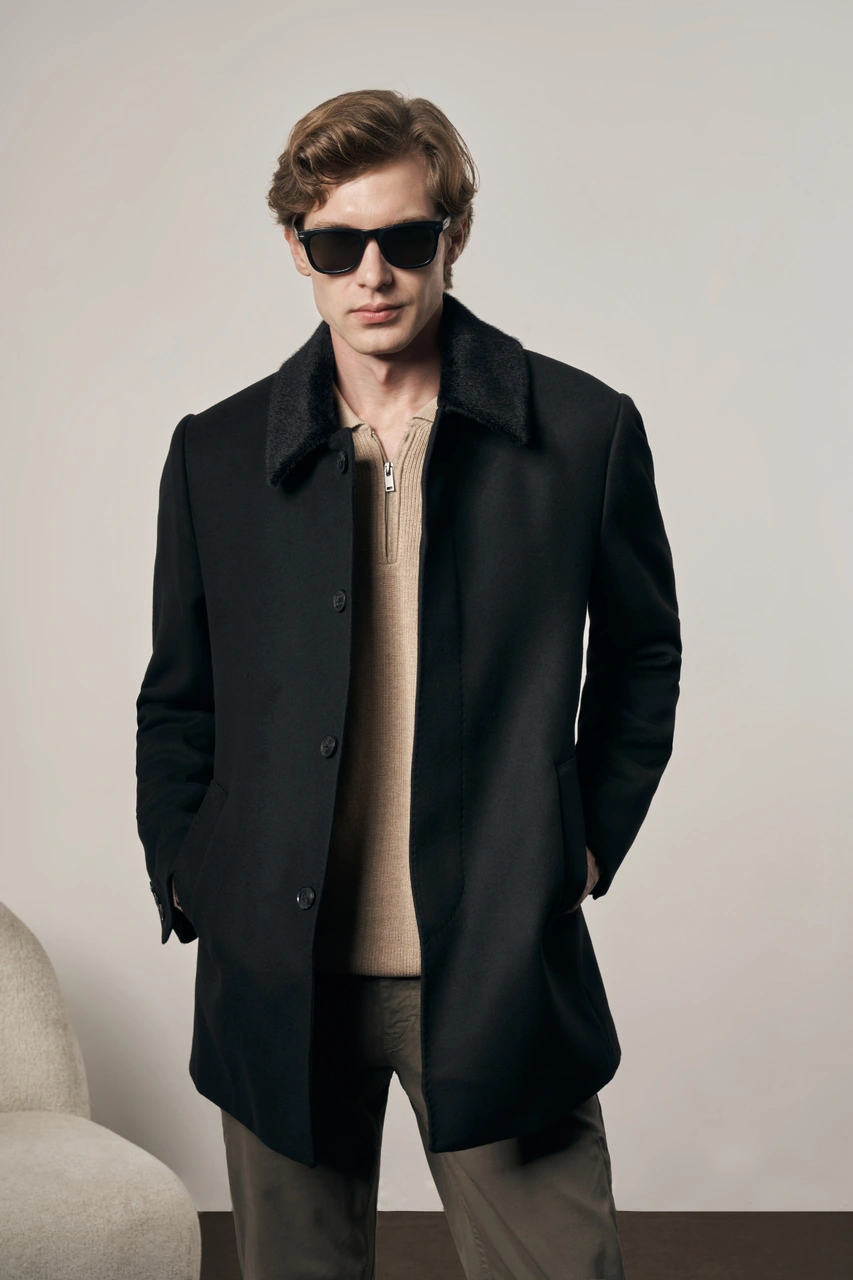 Siyah Kürklü Yaka Classic Comfort Fit Esnek Kaban 1008255163 Siyah