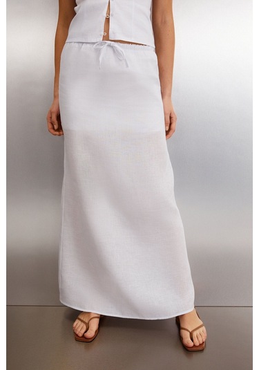 GRIMELANGE Ombretta Kadın %100 Keten Regular Beyaz Etek Beyaz
