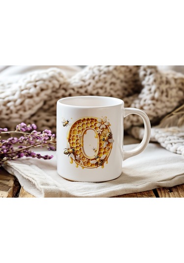 O Harfi Bal Arısı Tasarım Kupa Bardak - Bal Ve Petek Desenli Kişiye Özel Kahve Kupası - Hediyelik Beyaz