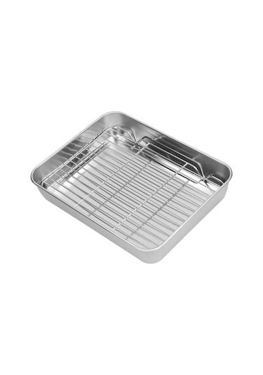 Geeroyoo Stainless Steel Fırın Tepsisi Ve Izgara Seti - Derin Kenarli, Yemekleri Tutar, Yağ/suyu Akıtır - 23.5x17.5x5 Cm Sağlıklı Materyal Diğer