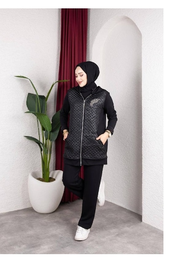 Mitodo Kapitone Detaylı Yelekli 3 Lü Takım Premium Modal Siyah