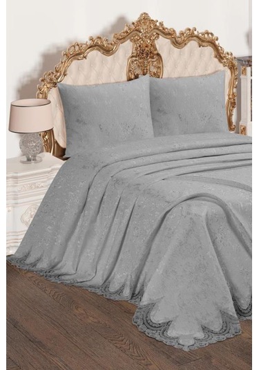 Fransız Güpürlü Çeyizlik Yatak Örtüsü Bulut Gri Gri