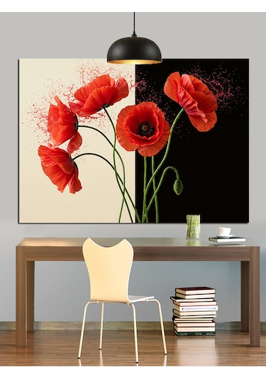 Kırmızı Haşhaş Çiçekleri Sapları Dekoratif Kanvas - Mdf Ahşap Tablo