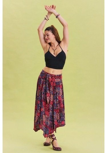 Beli Bağlamalı Salaş Midi Kloş Etek Kırmızı