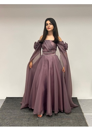 Kız Çocuk Abiye Lila Uzun Askılı Kolları Çıkabilen Pelerinli Şifon Abiye Elbise 10-15 Yaş Lila