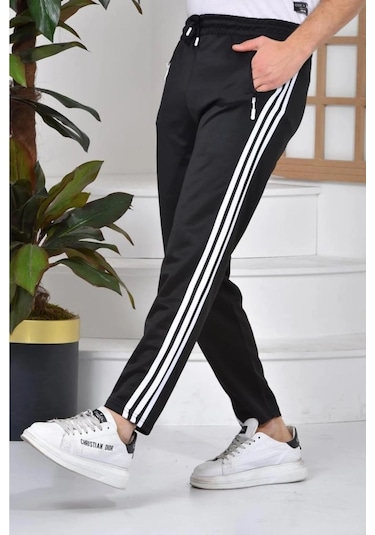 Maki Home 3 Şeritli Scuba Kumaş Kadın Erkek Siyah Eşofman Altı Siyah